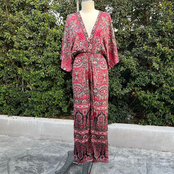 Karma Highway Silky Paisley Deep V Jumpsuit Jumper Boho One Size - Picture 1 of 9